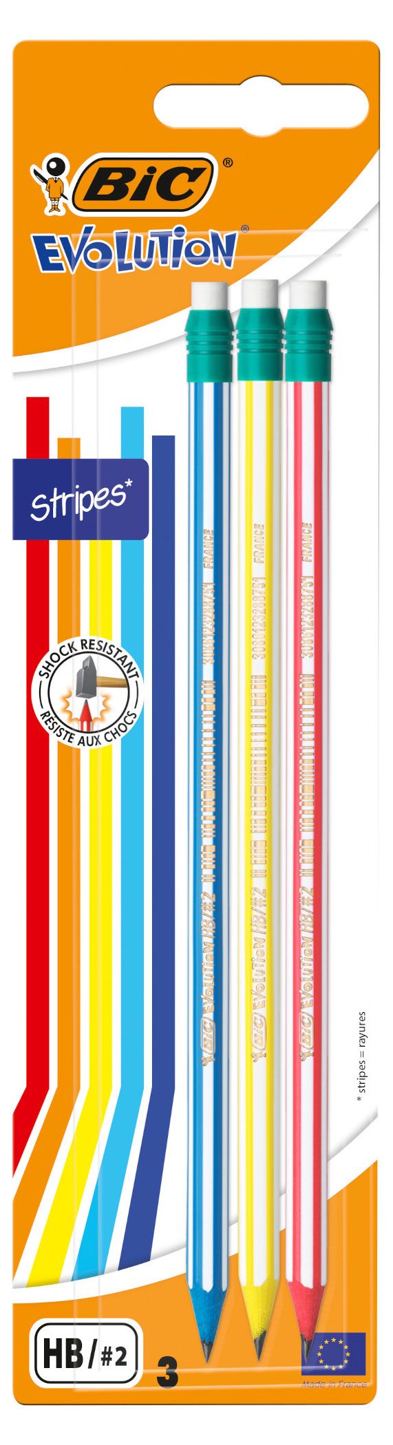 Карандаш c ластиком BIC Evolution Stripes HB 3 шт 206₽