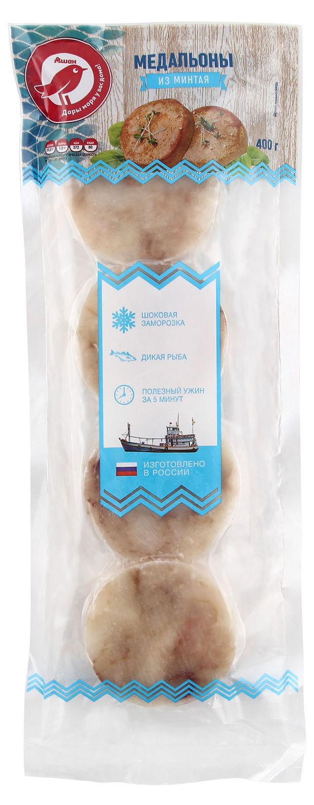 Минтай замороженный АШАН Красная птица медальоны 400 г 330₽