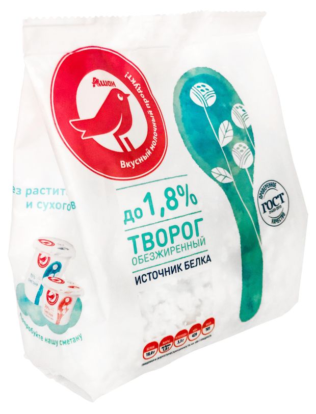 Творог рассыпчатый обезжиренный АШАН Красная птица 1,8% БЗМЖ, 300 г
