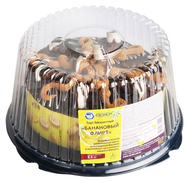 Торт шоколадно-бисквитный Север-Метрополь Банановый флирт с шоколадным кремом и бананом охлажденный, 1 кг