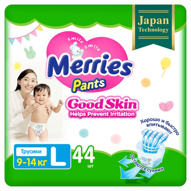 Трусики-подгузники Merries Good Skin L / 4 (9-14кг), 44 шт