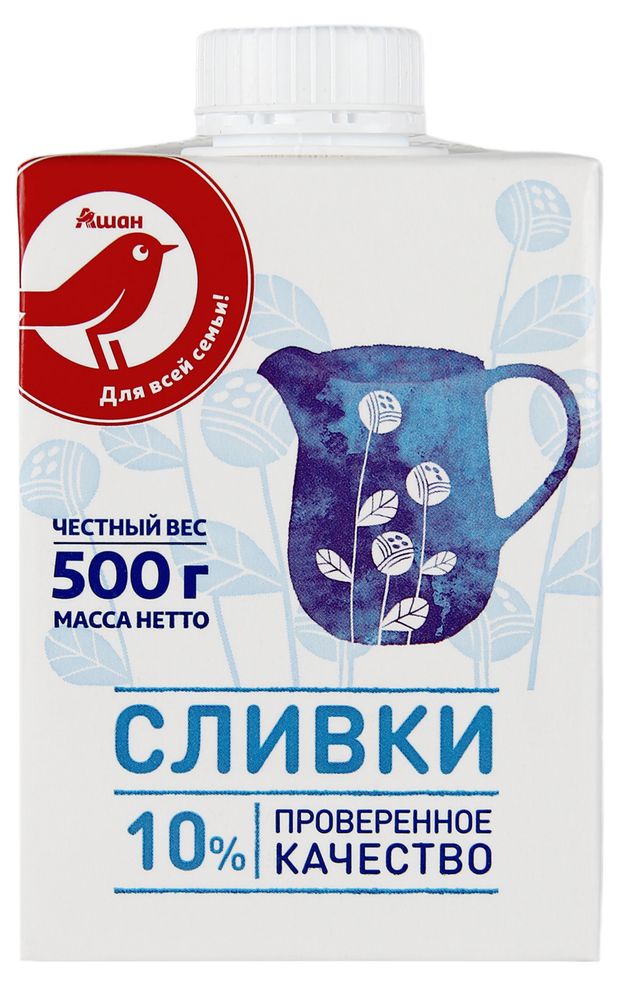 Сливки ультрапастеризованные стерилизованные питьевые АШАН Красная птица нормализованные 10% БЗМЖ, 500 г