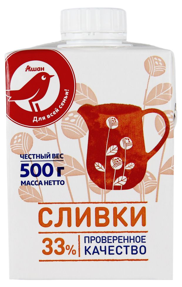 Сливки ультрапастеризованные стерилизованные питьевые АШАН Красная птица нормализованные 33% БЗМЖ, 500 г