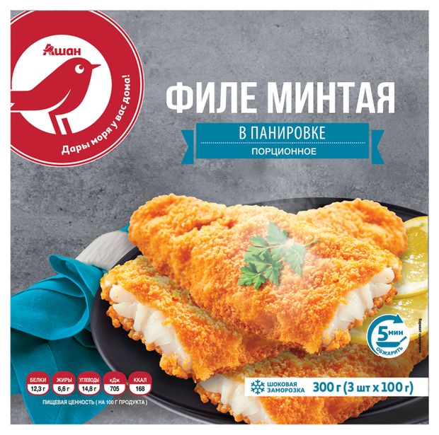 Филе минтая АШАН Красная птица в панировке замороженное, 300 г