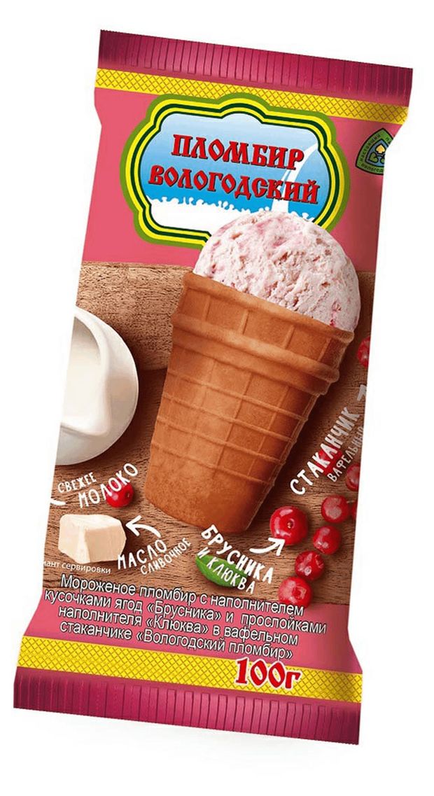 Мороженое пломбир Вологодский пломбир Брусника и клюква 105 БЗМЖ 100 г 75₽