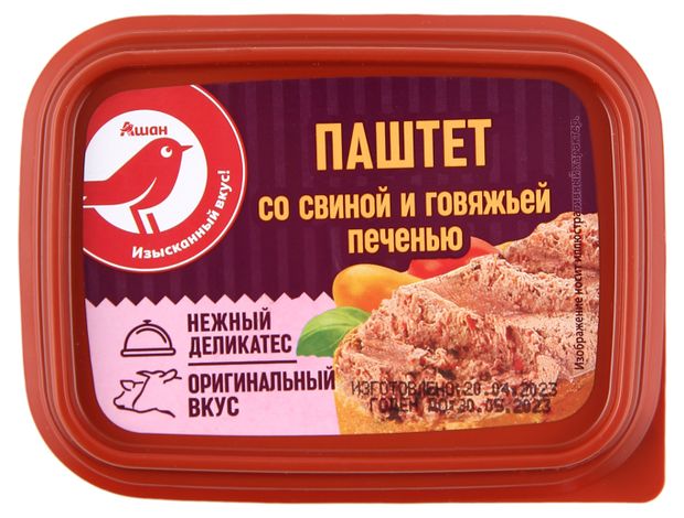 Паштет АШАН Красная птица со свиной и говяжьей печенью 150 г 100₽