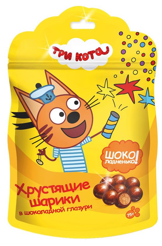Чипсы, снеки, сухофрукты  Ашан Шарики хрустящие Три кота в шоколадной глазури, 75 г