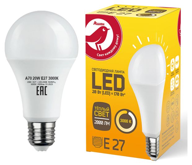 Лампа АШАН Красная птица светодиодная LED груша теплый свет 20W Е27 130₽