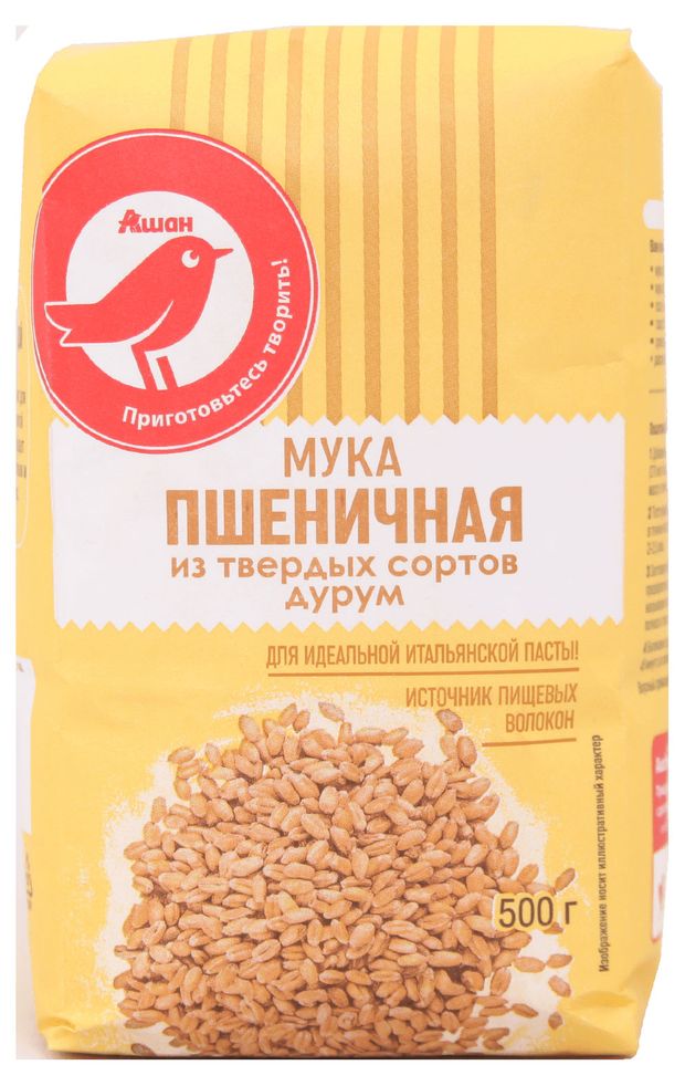 Мука АШАН Красная птица из твердой пшеницы 500 г 90₽