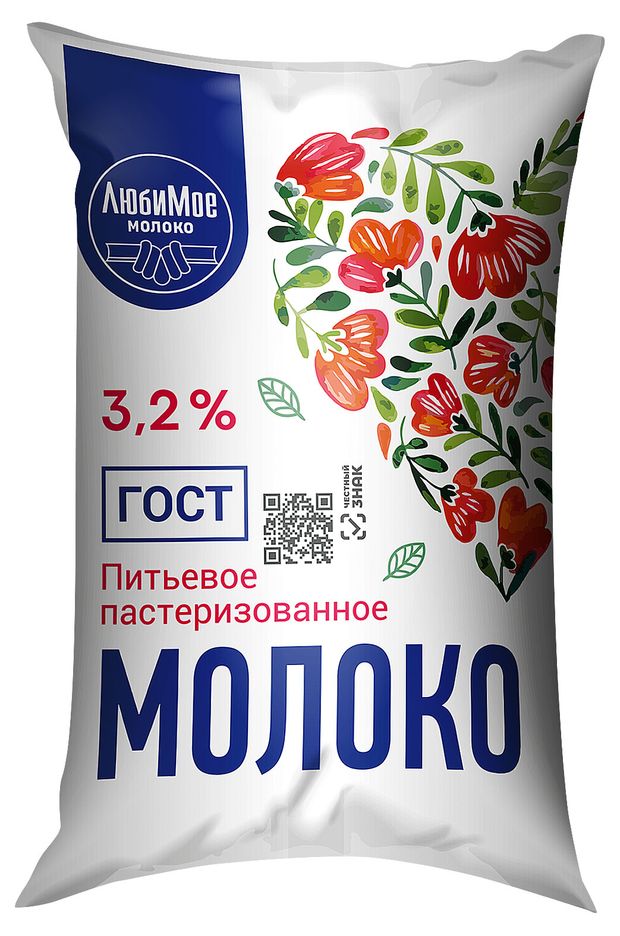 Молоко пастеризованное Любимое молоко в пакете 3,5% БЗМЖ охлажденное, 900 мл
