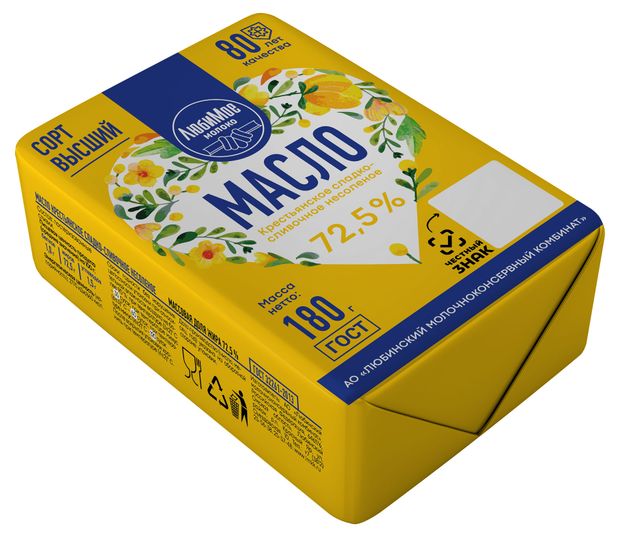 Масло сливочное Любимое молоко Крестьянское 72,5% БЗМЖ, 180 г