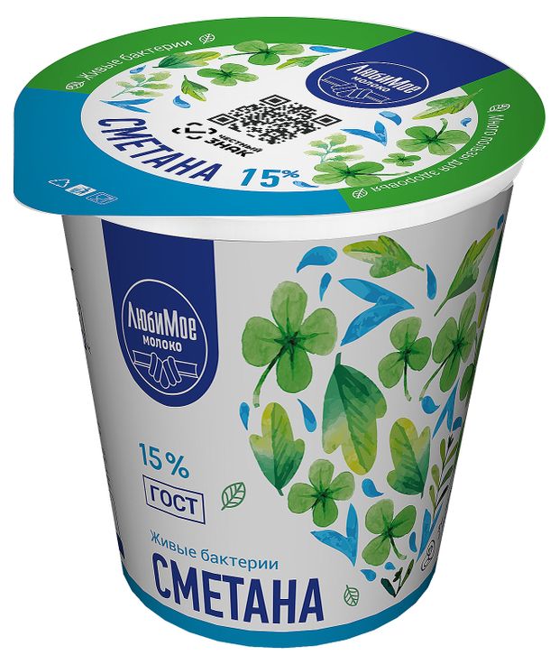 Сметана Любимое молоко 15% БЗМЖ, 300 г