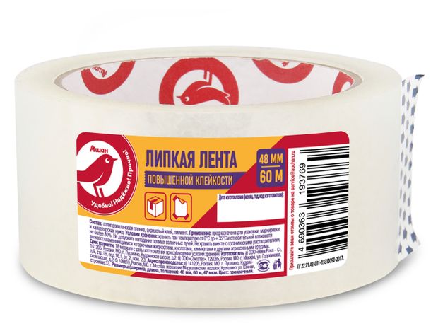 Лента липкая АШАН Красная птица повышенной клейкости прозрачная 48 мм х 60 мм 125₽