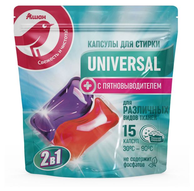 Капсулы для стирки АШАН Красная птица Универсальные 15 шт 250₽