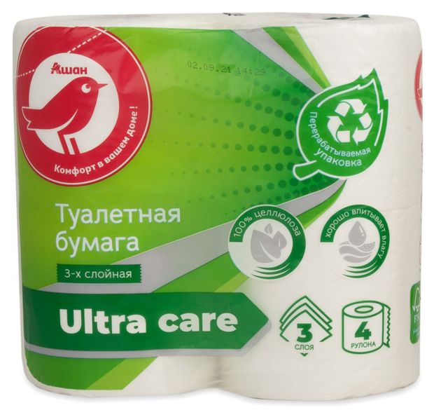 Туалетная бумага АШАН Красная птица 3 слоя 4 рулона 90₽