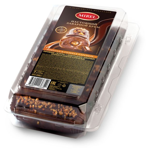 Пирожные заварные MIREL Эклеры с шоколадным заварным кремом и соленой карамелью охлажденные, 235 г