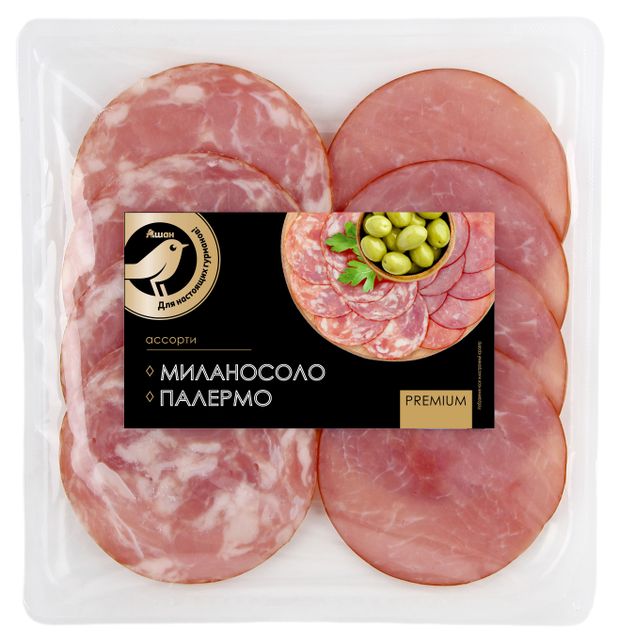 Колбаса АШАН Золотая птица Ассорти из сырокопченых колбас Милано и Палермо нарезка 100 г 150₽