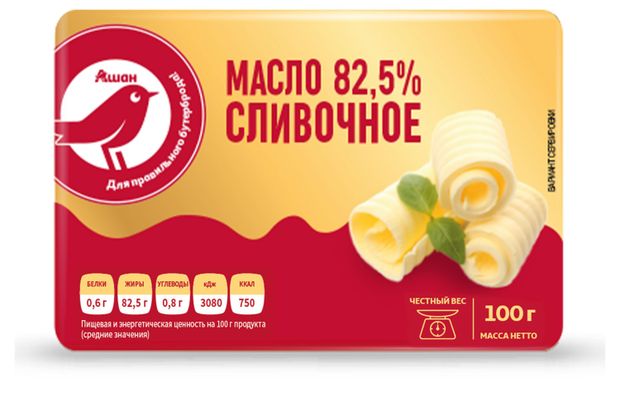 Масло сливочное АШАН Красная птица брикет 82,5% БЗМЖ, 100 г