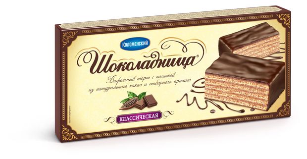 Торт вафельный Шоколадница Классический с начинкой из арахисового пралине в шоколадной глазури, 240 г