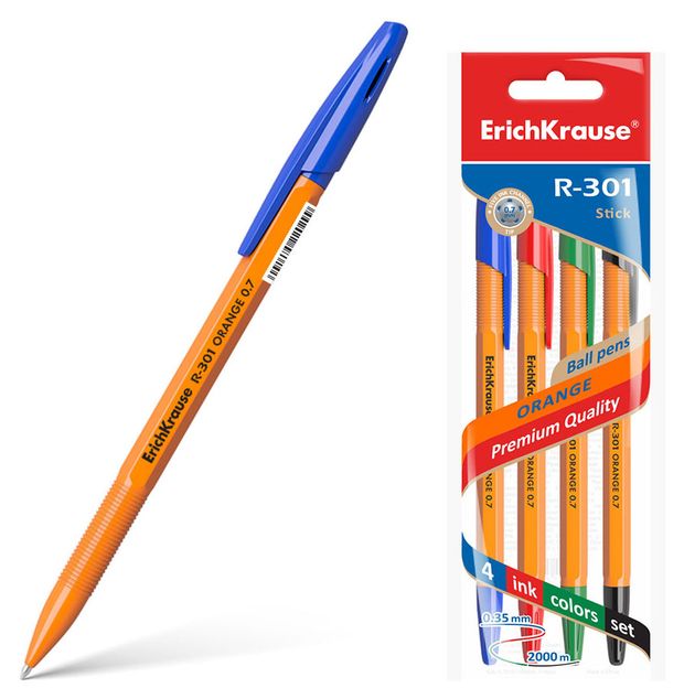 Ручка шариковая ErichKrause R-301 Orange Stick 0,7 мм, 4 шт