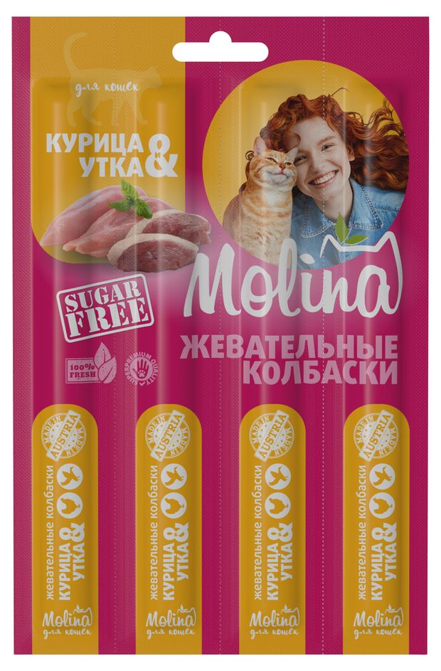 Лакомство для кошек Molina жевательные колбаски курица и утка, 20 г