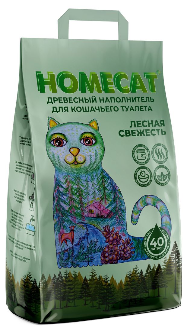 фото Наполнитель для кошачьих туалетов homecat древесный мелкие гранулы 40 л, 12 кг