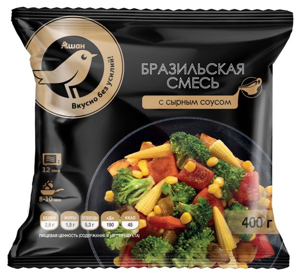 Замороженные продукты Смесь овощная АШАН Золотая птица Бразильская с сырным соусом замороженная, 400 г