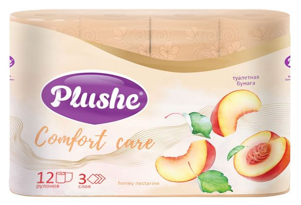 Бумага туалетная Plushe Comfort care Honey Nectarine с ароматом персика 3 слоя 12 рулонов 200₽