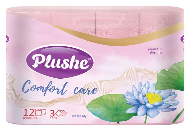 Бумага туалетная Plushe Comfort care water lily розовая 3 слоя, 12 рулонов