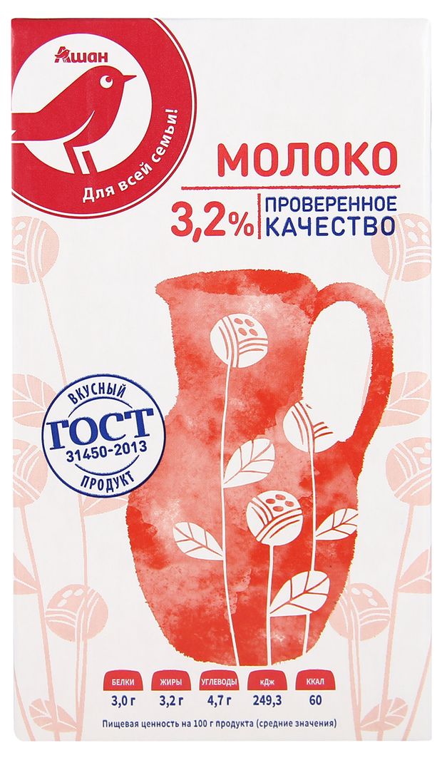 Молоко ультрапастеризованное АШАН Красная птица стерилизованное 3.2% ГОСТ БЗМЖ, 1 л
