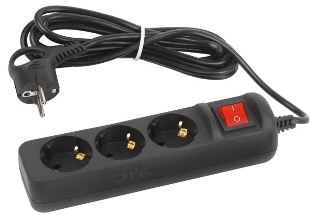 Удлинитель электрический ЭРА UX-3es-3m-B с заземлением с выключателем 3 розетки 3 м ПВС 3x0,75мм2 10А черный