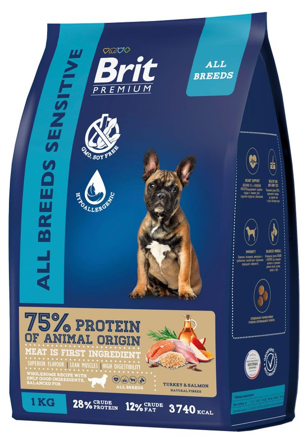 Сухой корм для собак Brit Premium с лососем и индейкой Dog Sensitive, 1 кг