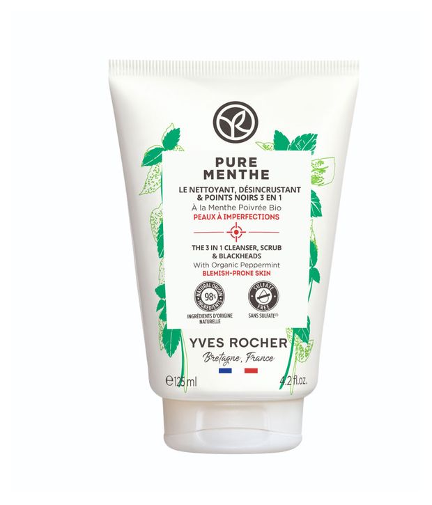 фото Гель-гоммаж для умывания yves rocher против черных точек 3 в 1 с перечной мятой био, 125 мл