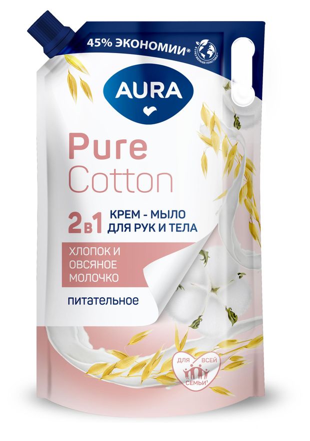 Крем-мыло Aura Pure Cotton 2в1 для рук и тела Хлопок и овсяное молочко, 850 мл
