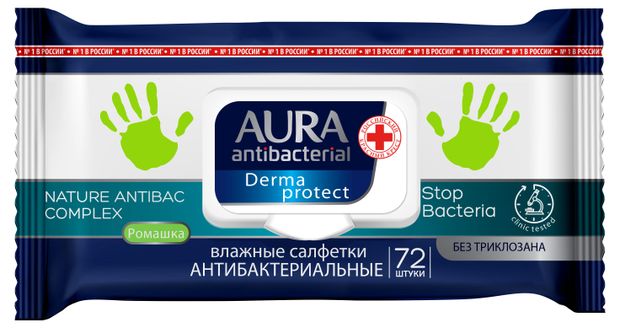 Влажные салфетки Aura с ромашкой антибактериальные, 72 шт