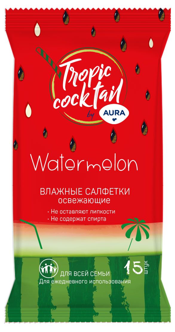 Влажные салфетки Aura Tropic Cocktail освежающие, 15 шт