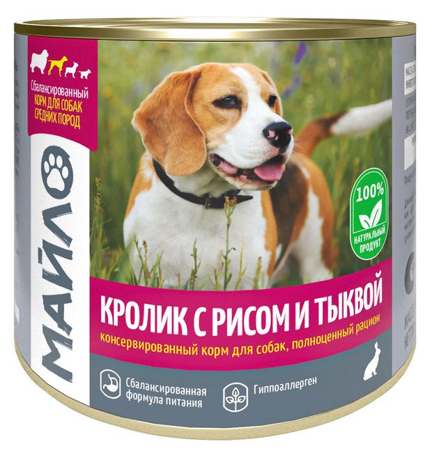 Корм влажный для собак Майло Кролик с рисом и тыквой, 525 г