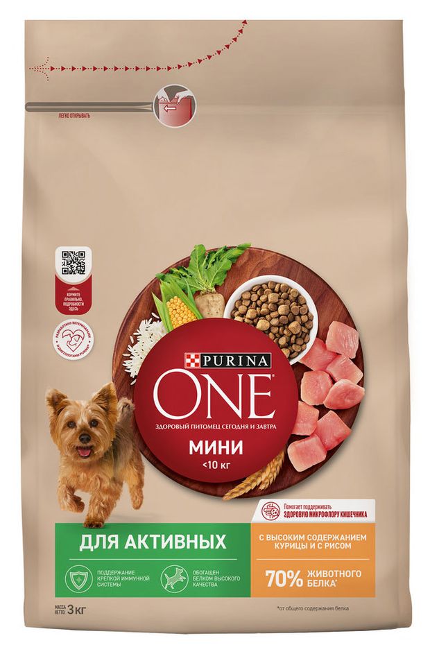 Сухой корм для собак Purina ONE Мини с активным образом жизни с курицей и рисом 3 кг 990₽