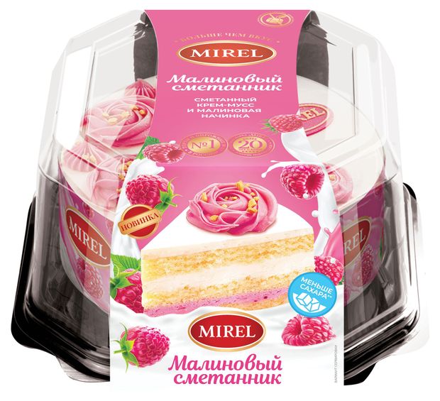 Торт бисквитный MIREL Малиновый сметанник с нежным сметанным крем-муссом и малиновой начинкой охлажденный, 650 г
