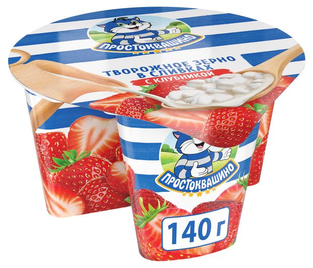 Молочные продукты, яйца  Ашан Творог Простоквашино с клубникой 5% БЗМЖ, 140 г