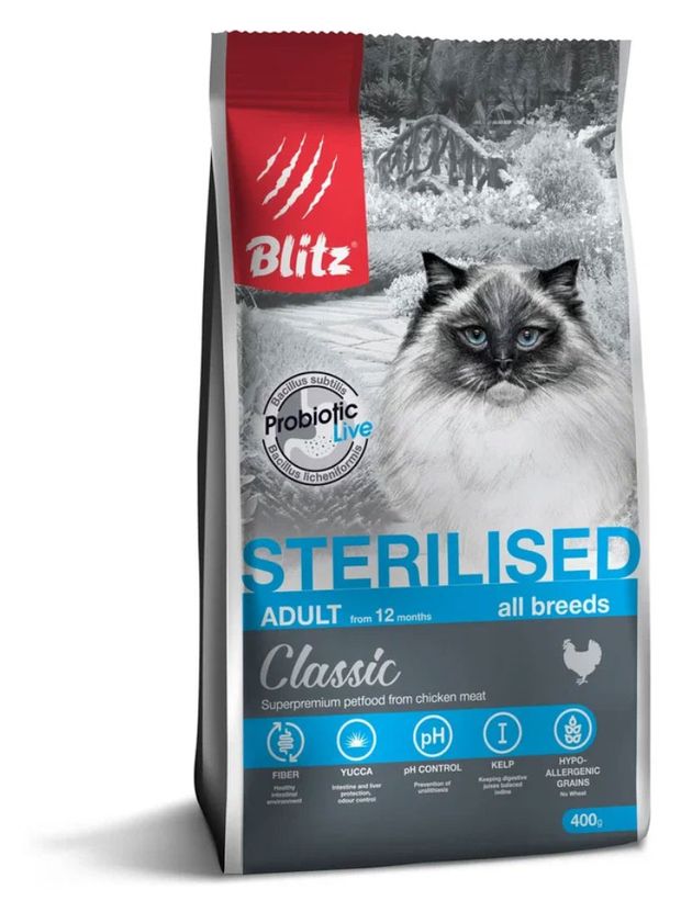 Сухой корм для стерилизованных кошек Blitz с курицей, 400 г