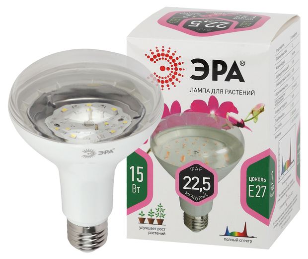 Фитолампа для растений ЭРА FITO-15W-Ra90 светодиодная полного спектра Е27 15 Вт 460₽