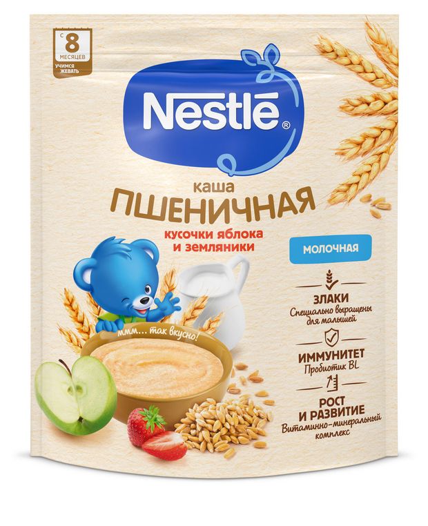 Каша молочная Nestle пшеничная с кусочками яблока и земляникой с 8 мес., 200 г
