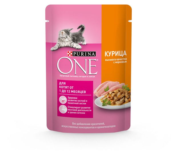 фото Влажный корм для котят purina one с курицей и морковью в соусе, 75 г