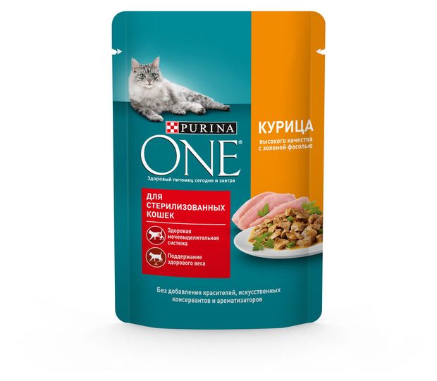 фото Влажный корм для стерилизованных кошек purina one с курицей и зеленой фасолью в соусе, 75 г