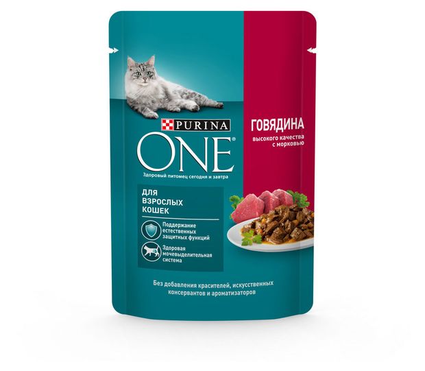 фото Влажный корм для взрослых кошек purina one с говядиной и морковью в соусе, 75 г