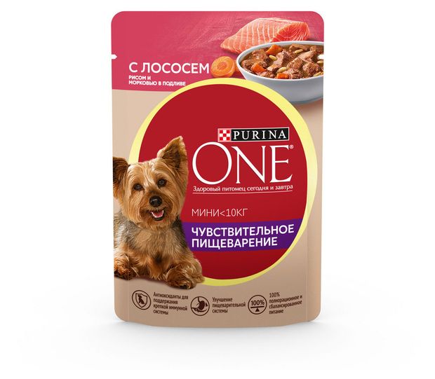 Зоотовары Влажный корм для собак Purina ONE с лососем, рисом и морковью в подливе, 85 г