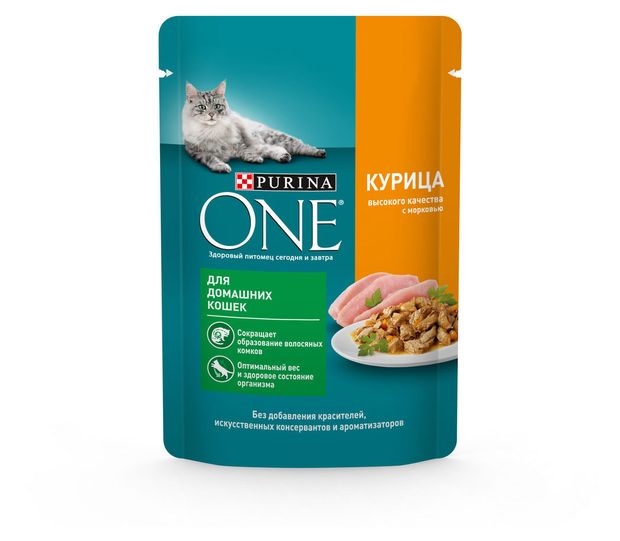 фото Влажный корм для домашних кошек purina one с курицей и морковью в соусе, 75 г