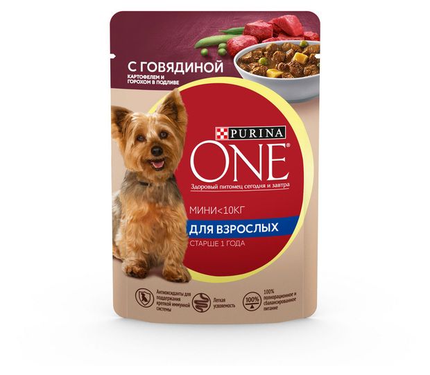фото Влажный корм для собак purina one с говядиной, картофелем и горохом в подливе, 85 г