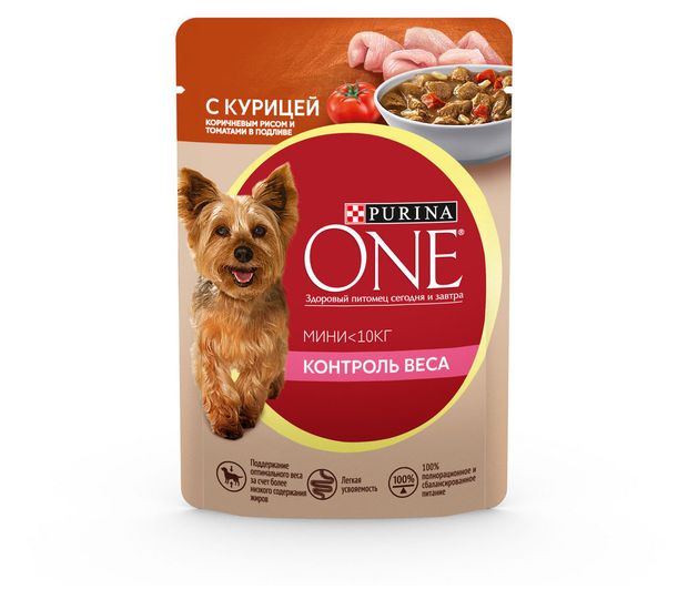 фото Влажный корм для собак purina one с курицей, коричневым рисом и томатами в подливе, 85 г